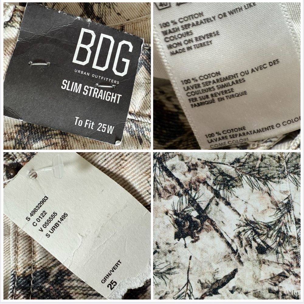 BDG High-Waisted Slim Straight Jean Cream Brown Green Camouflage Print Size 25 - Picture 7 of 8